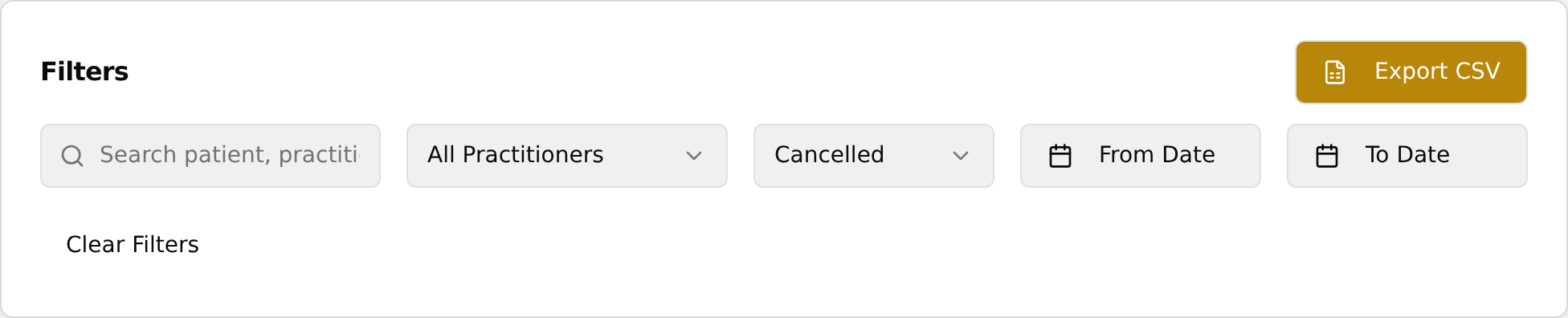 Export CSV button at the top-right of the Filters card