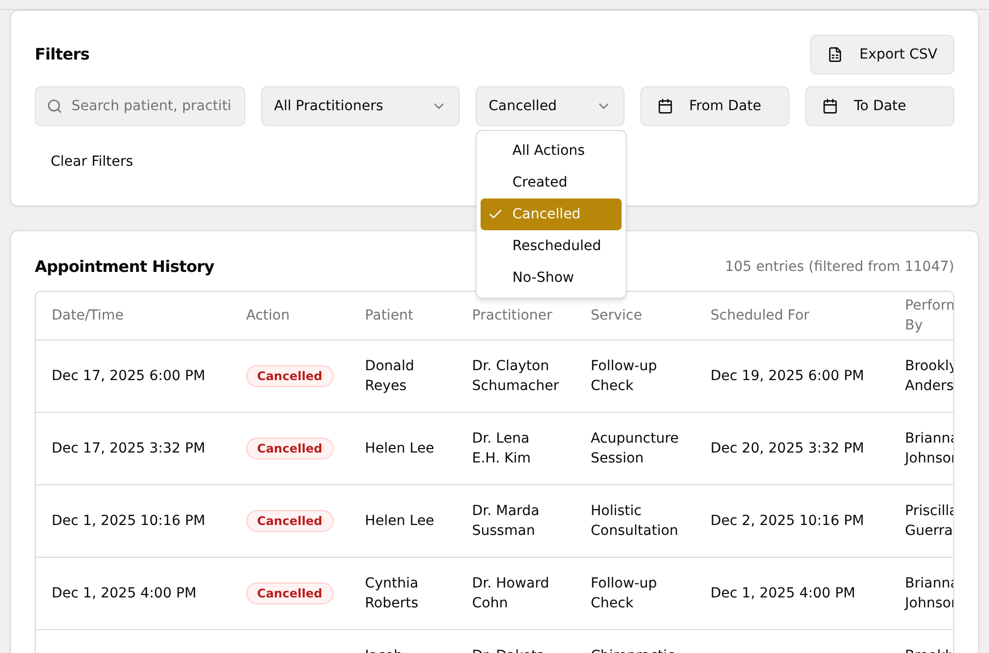A tab-specific filter drop-down open with the table filtered