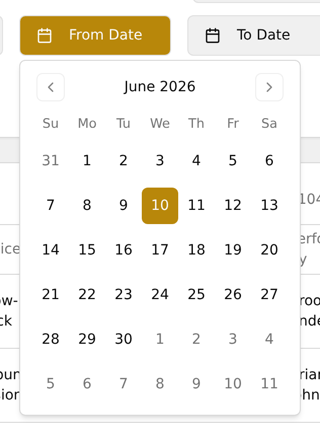 Calendar pop-over open on the From Date button