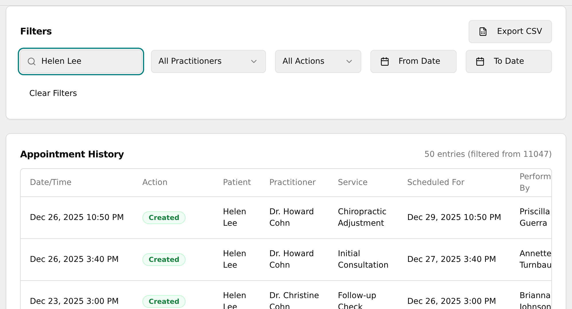 Search box with a name typed in and the table narrowed down