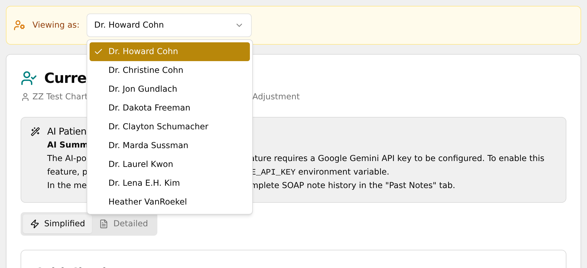 Viewing as bar with the practitioner dropdown open
