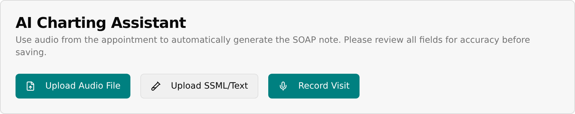 AI Charting Assistant box with its three input buttons