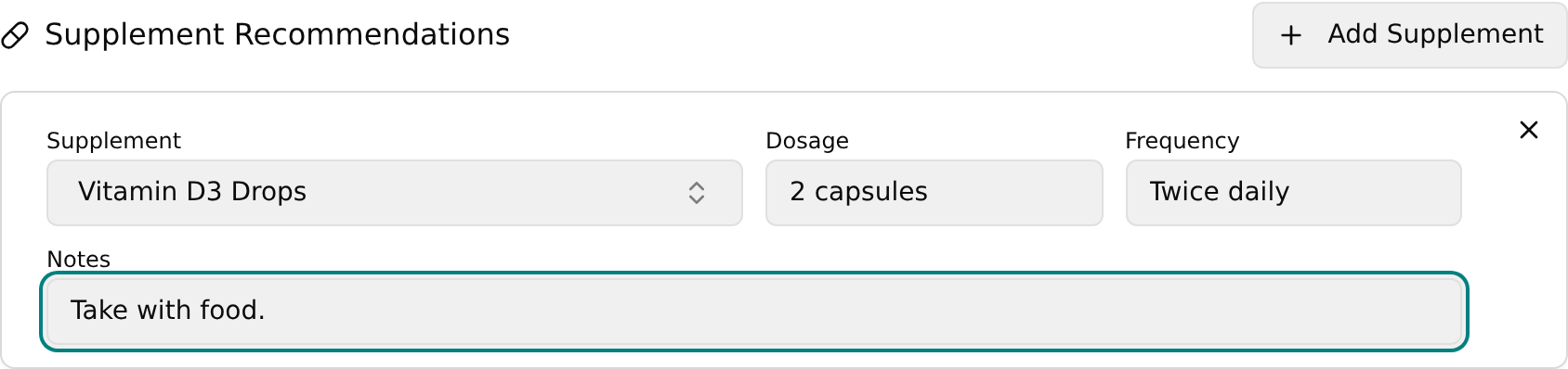 Supplement card with a product chosen and dosage filled in