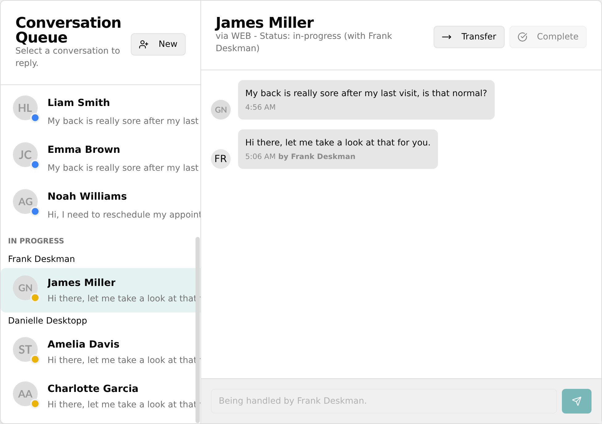 A selected conversation row and its messages in the right panel