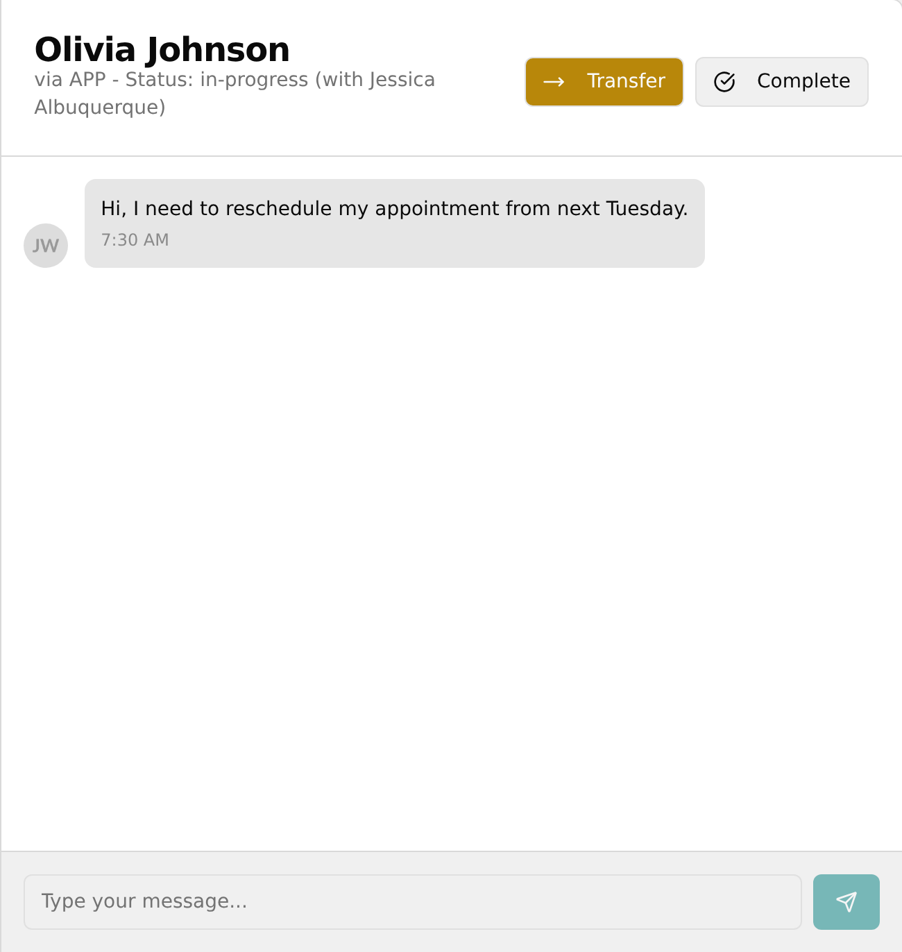 Header showing the chat is now in-progress and the message box is active