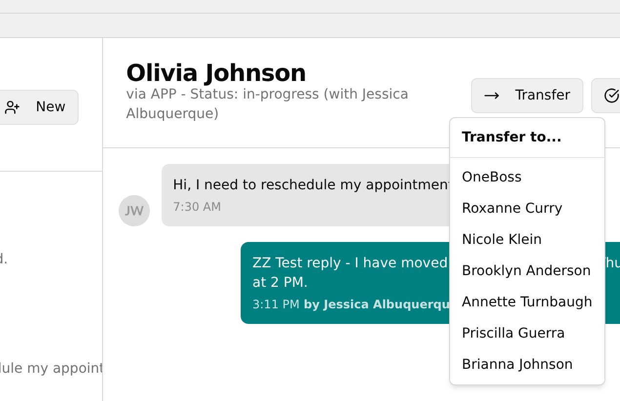 The Transfer to menu listing staff names