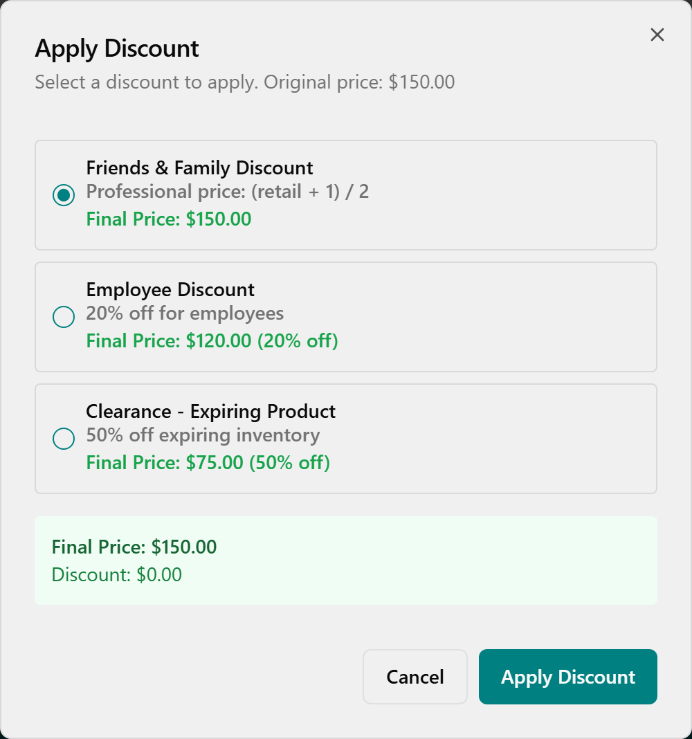 The Apply Discount dialog with a discount selected and the green Final Price box.