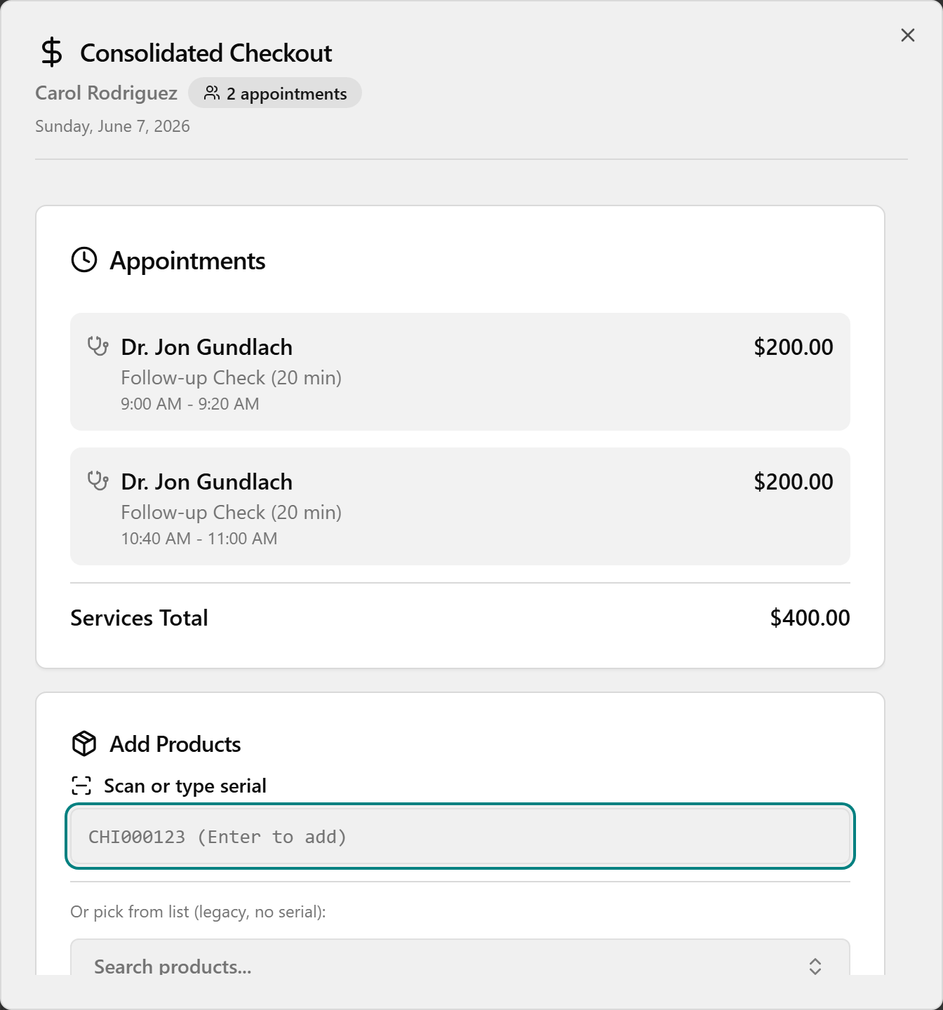 Consolidated Checkout dialog with appointment breakdown