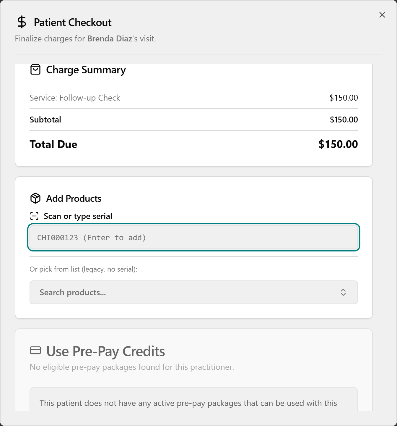 The Patient Checkout dialog opened from the Checkout page's Ready for Checkout tab.