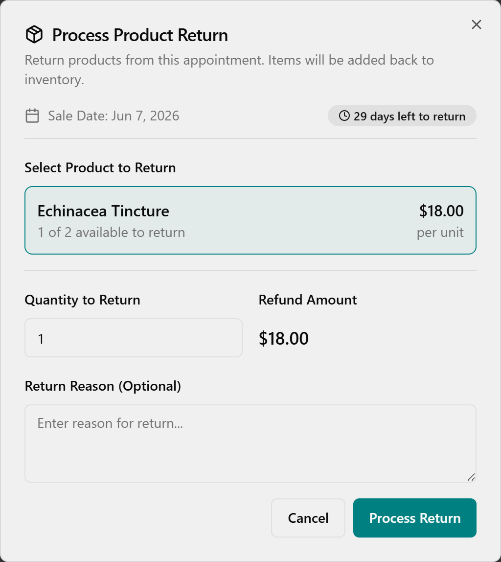 The Process Product Return dialog with a product selected and the Refund Amount updated.