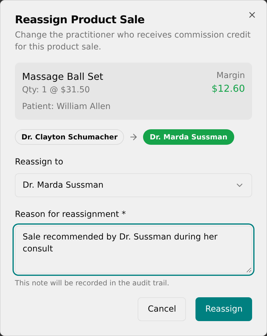 Reassign Product Sale dialog with a new practitioner and reason filled in