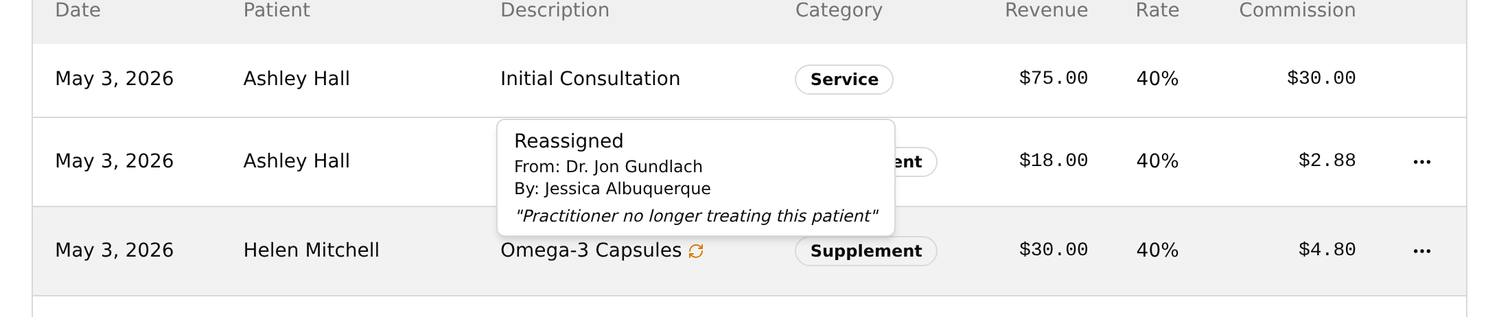 Reassigned transaction line showing the amber refresh icon