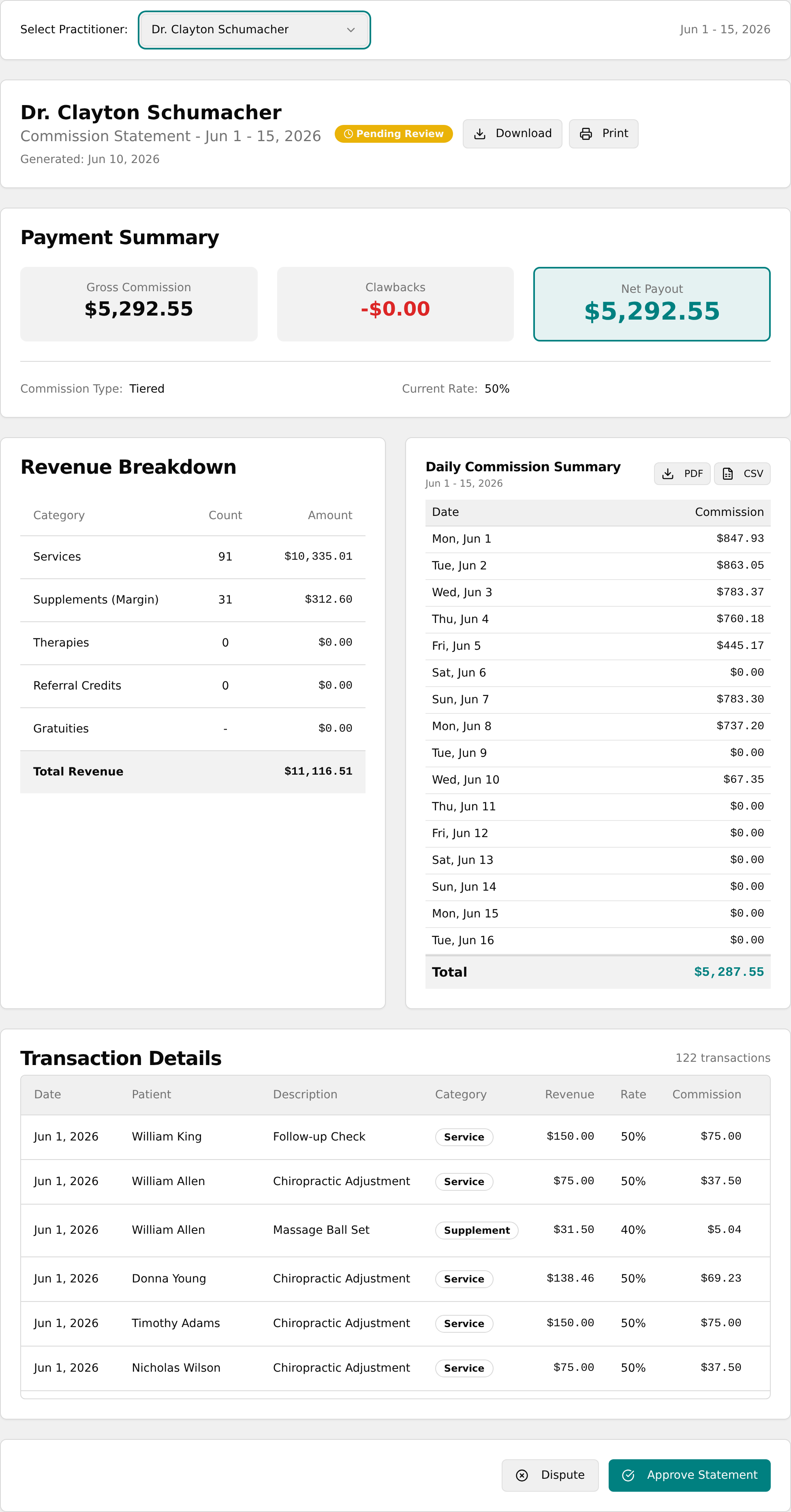 Statement tab with a practitioner selected