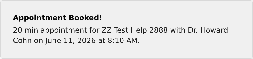 Green Appointment Booked confirmation message with appointment details