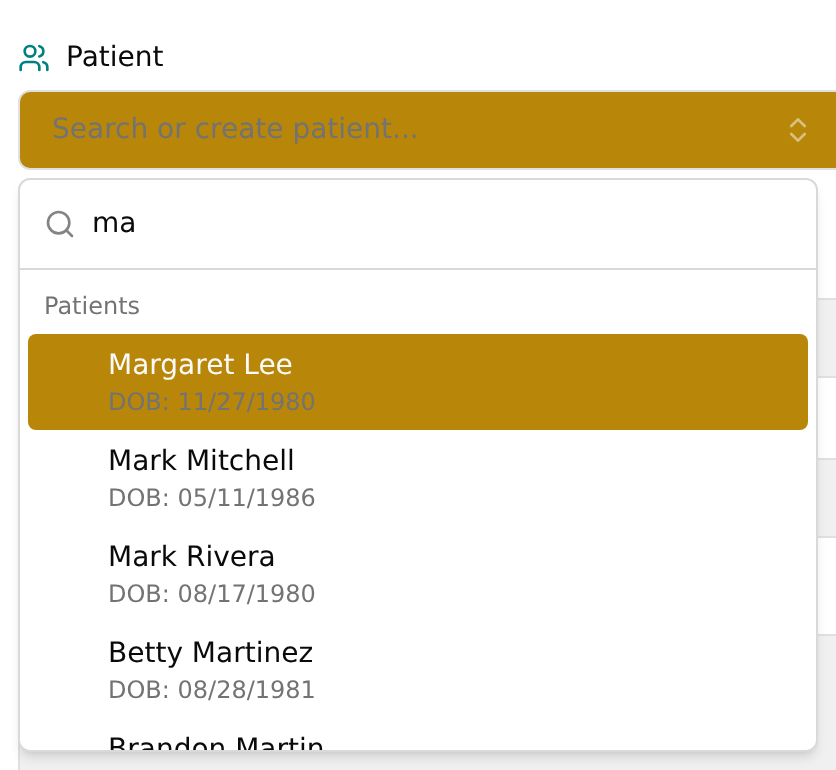 Open patient search list with matching names and dates of birth