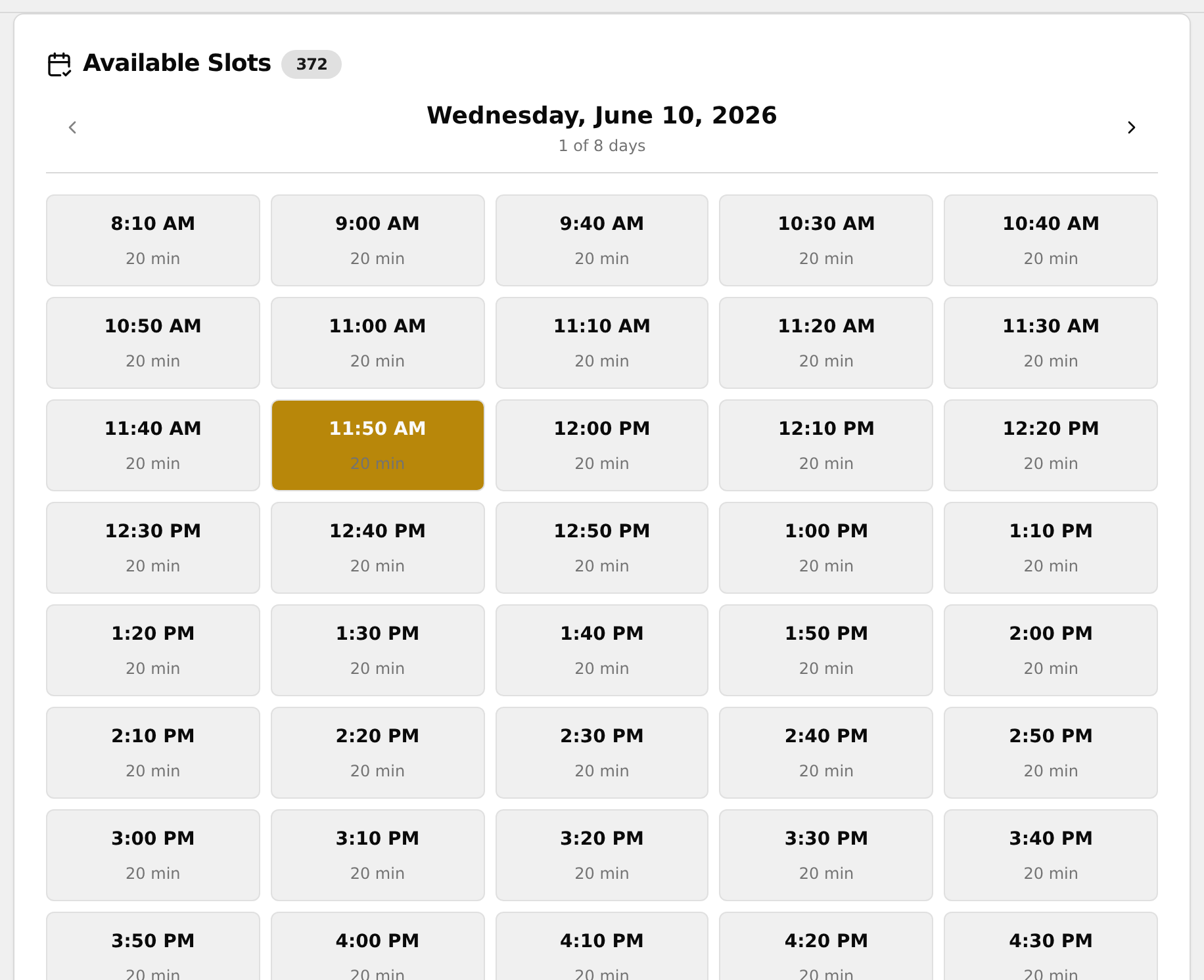 Available Slots card showing a count badge and a grid of clickable times