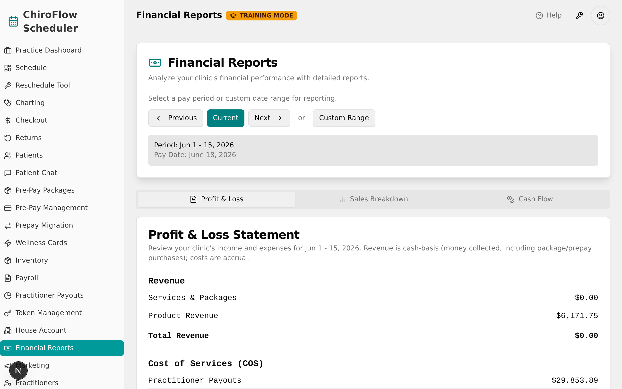 Financial Reports page on first load