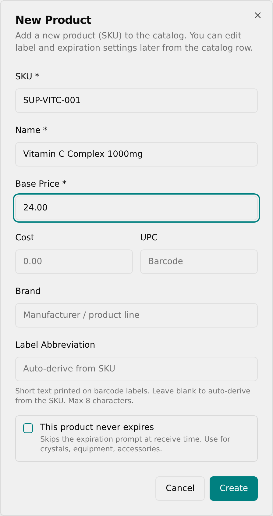 New Product dialog with SKU, Name, and Base Price filled in