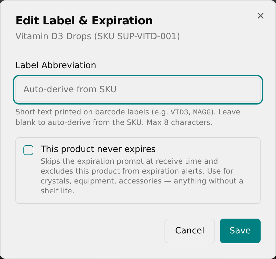 Edit Label & Expiration dialog open for a product