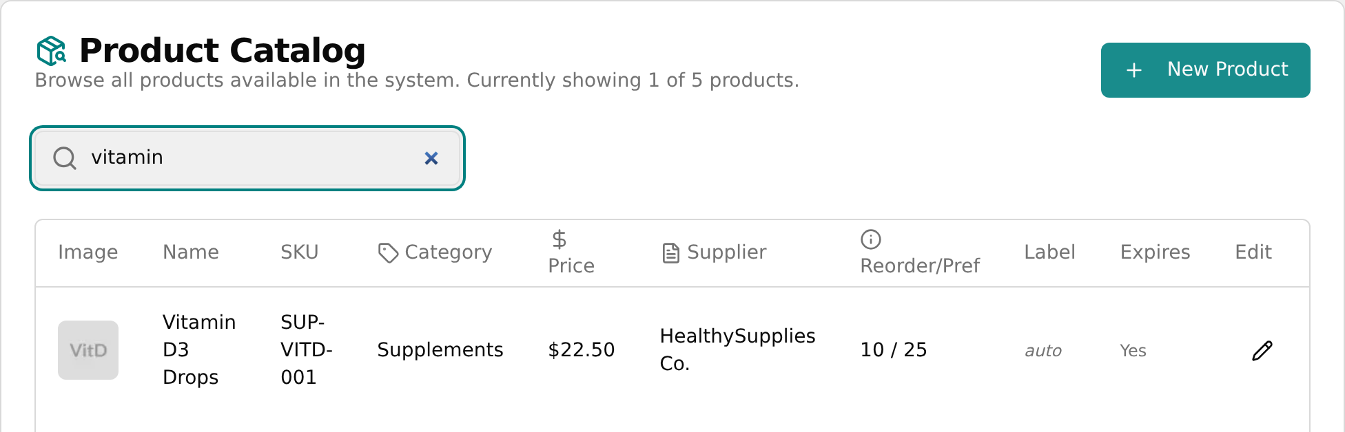Product Catalog filtered by a search term with the showing count