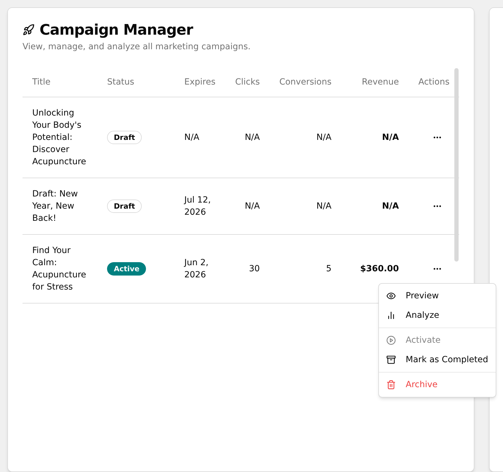 Open Actions menu in the campaign table