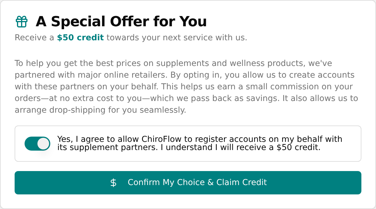 Special Offer card with the agreement toggle switched on
