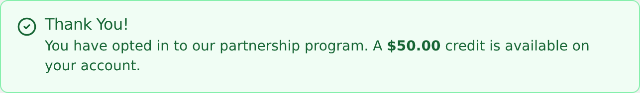 Green Thank You banner showing the available credit amount