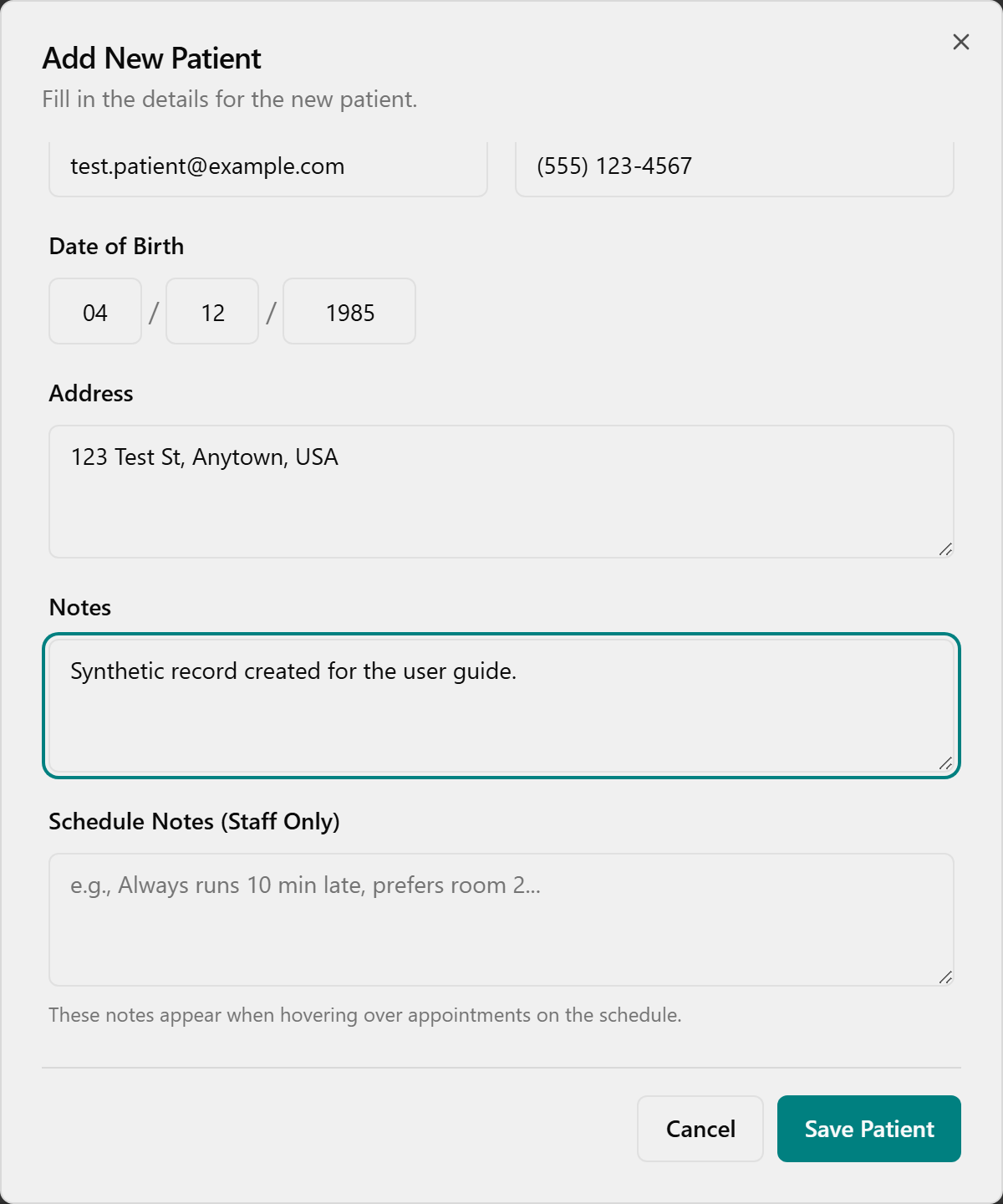 The filled-in Add New Patient dialog just before clicking Save Patient.