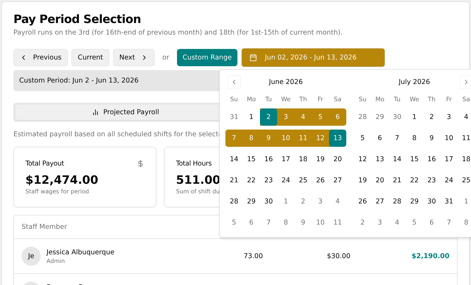 Two-month calendar with a start and end date selected