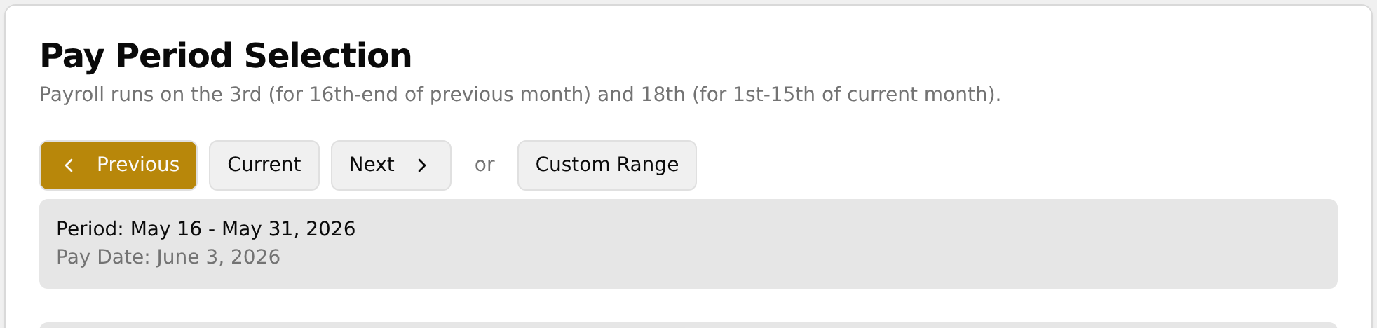Pay Period Selection row with updated Period and Pay Date box