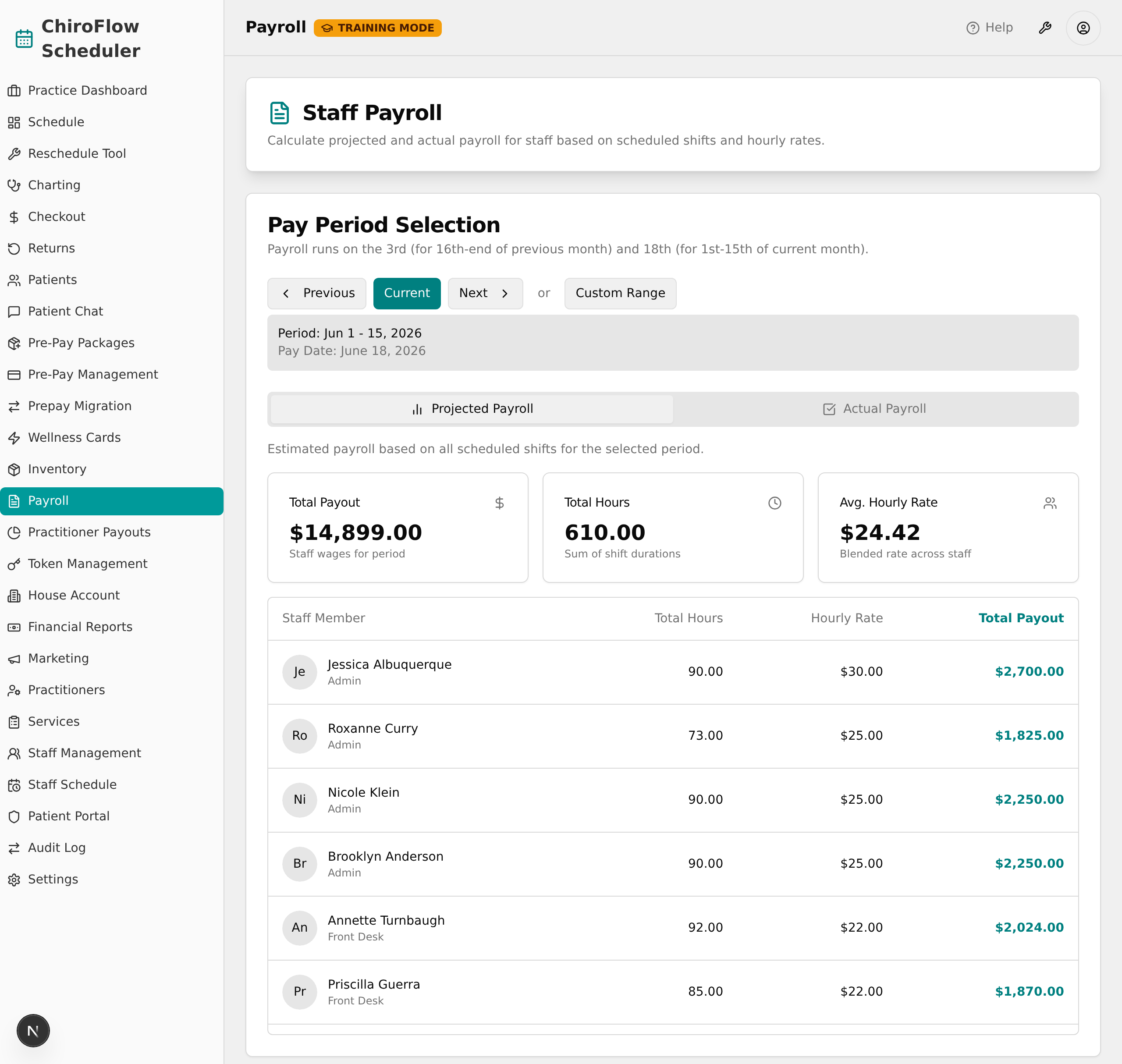 Loaded Payroll page with header, period selection, and Projected tab