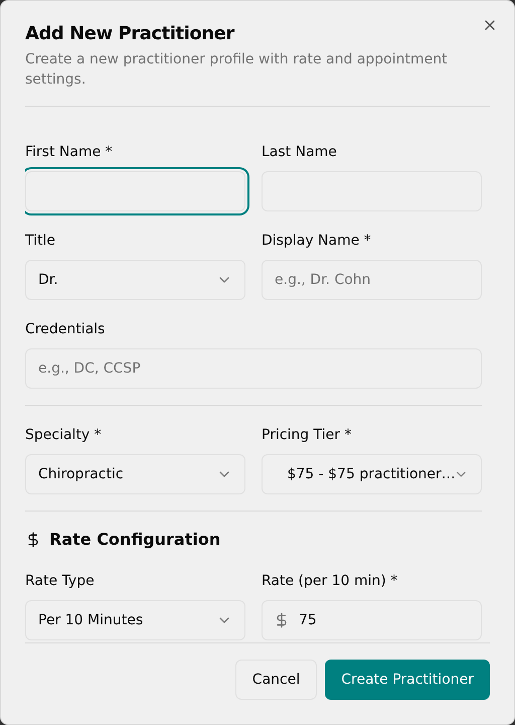 Add New Practitioner dialog open with name fields