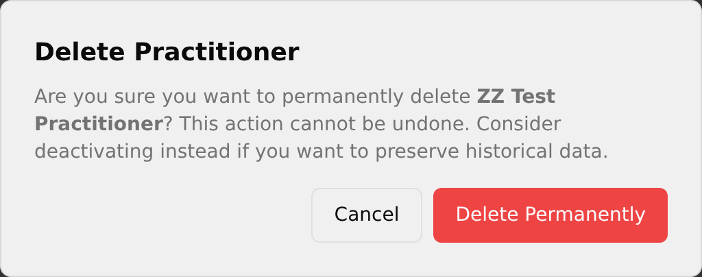 Delete Practitioner confirmation dialog with warning