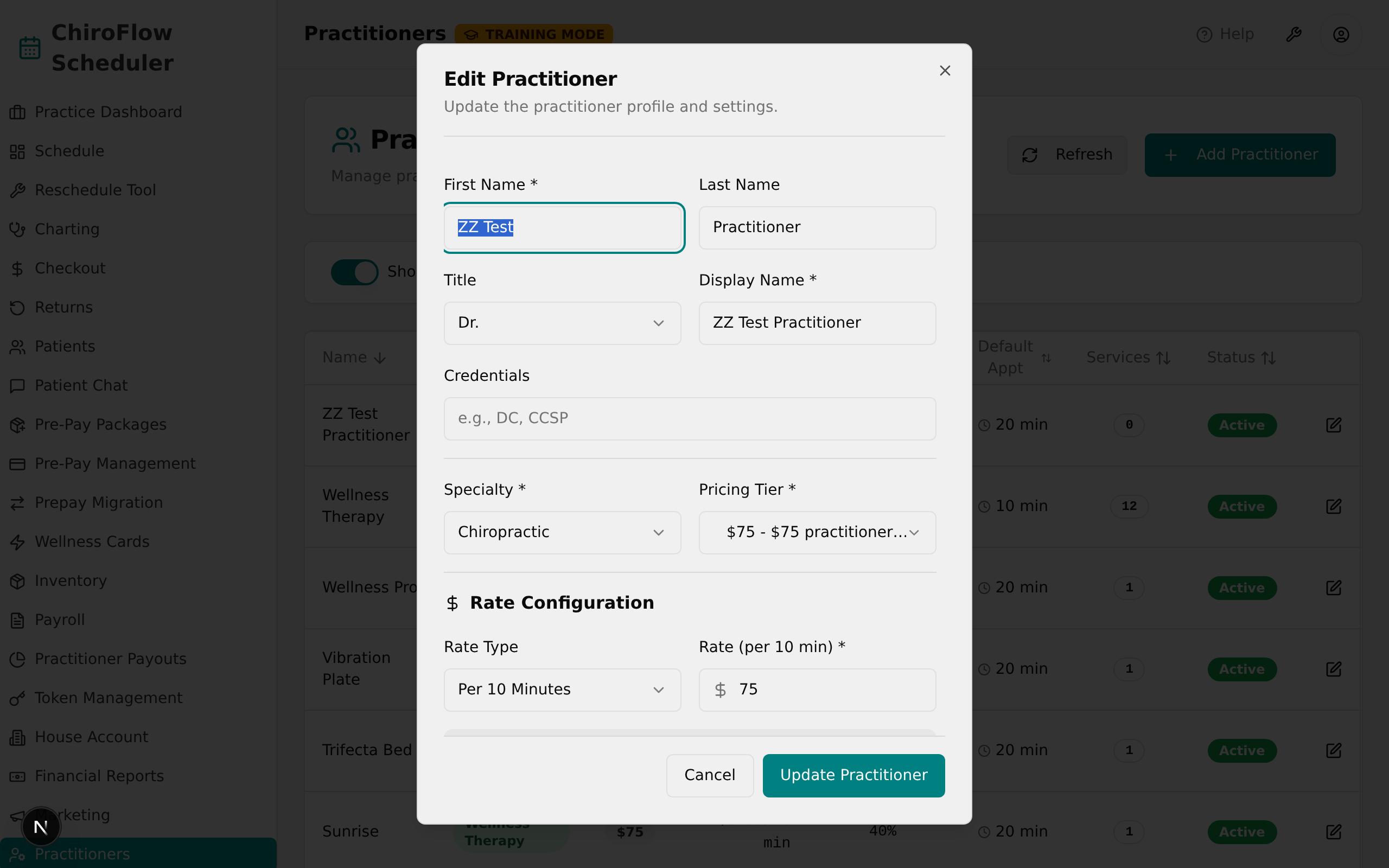 Edit Practitioner dialog open over a table row