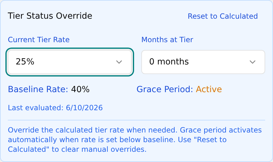 Blue Tier Status Override box with Current Tier Rate selected