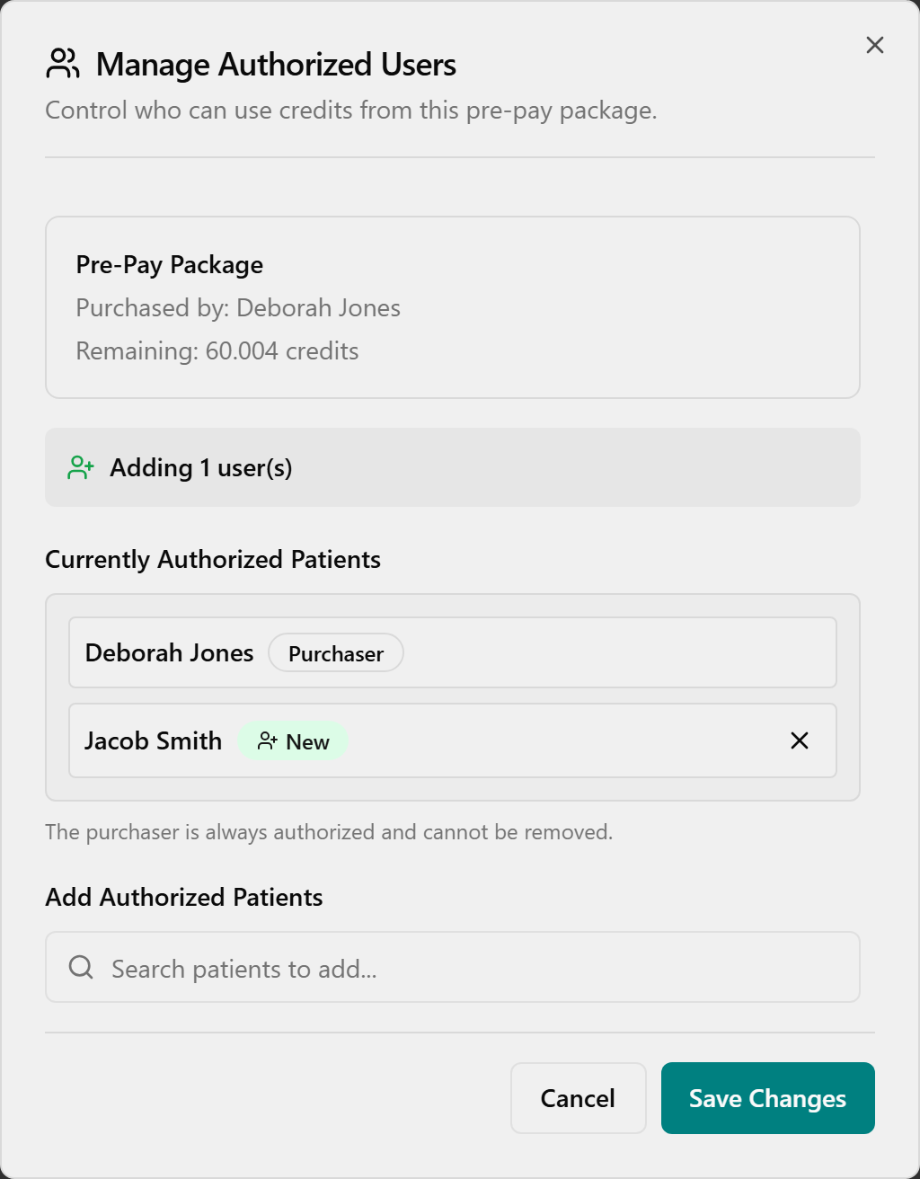 Manage Authorized Users dialog with a newly added patient (green New badge).
