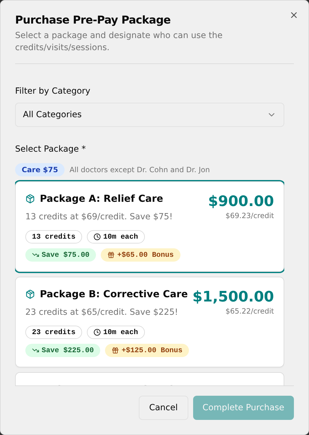 Purchase dialog with a package card selected