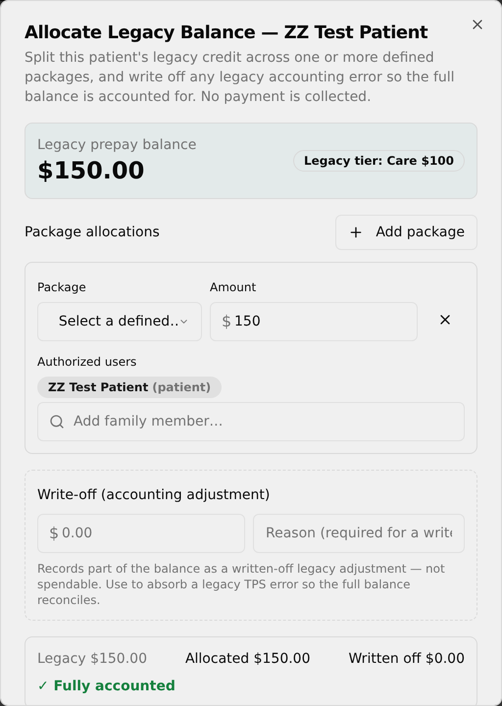 Allocate Legacy Balance dialog with legacy balance and tier badge