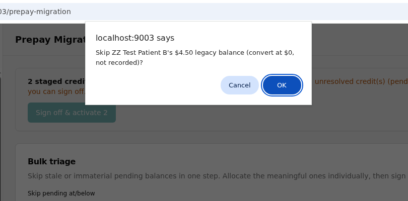 Browser confirm dialog for skipping a credit