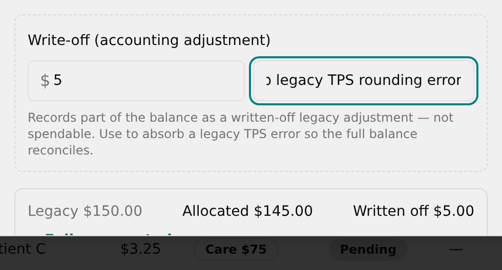 Write-off box with amount and reason filled in