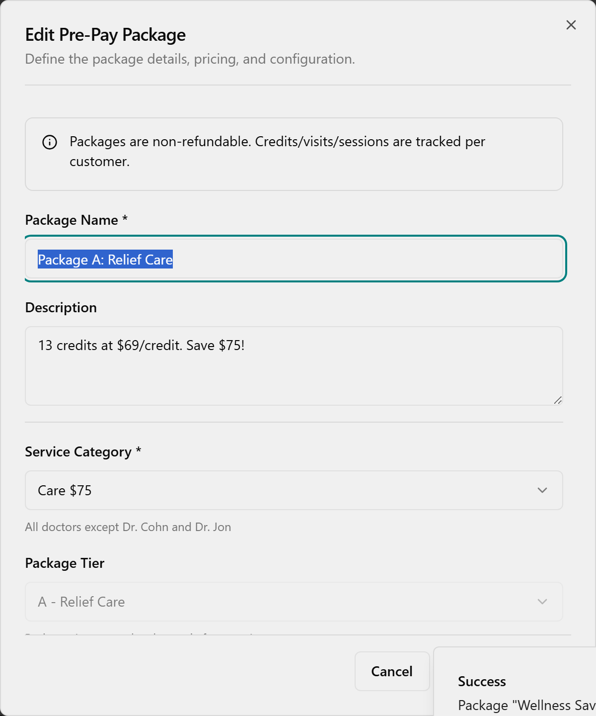 Edit Pre-Pay Package dialog open over a package row