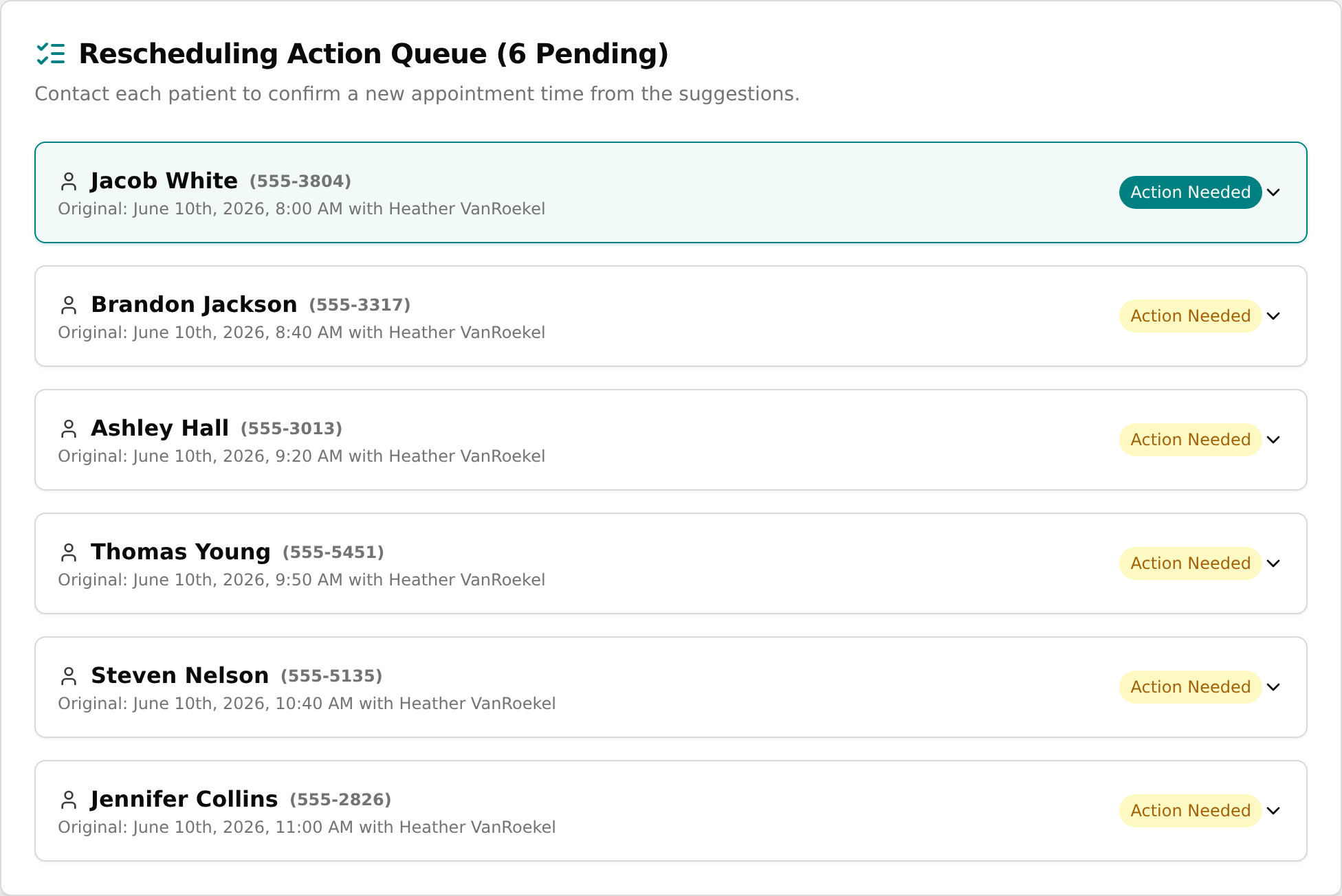 Populated Rescheduling Action Queue card with patient rows