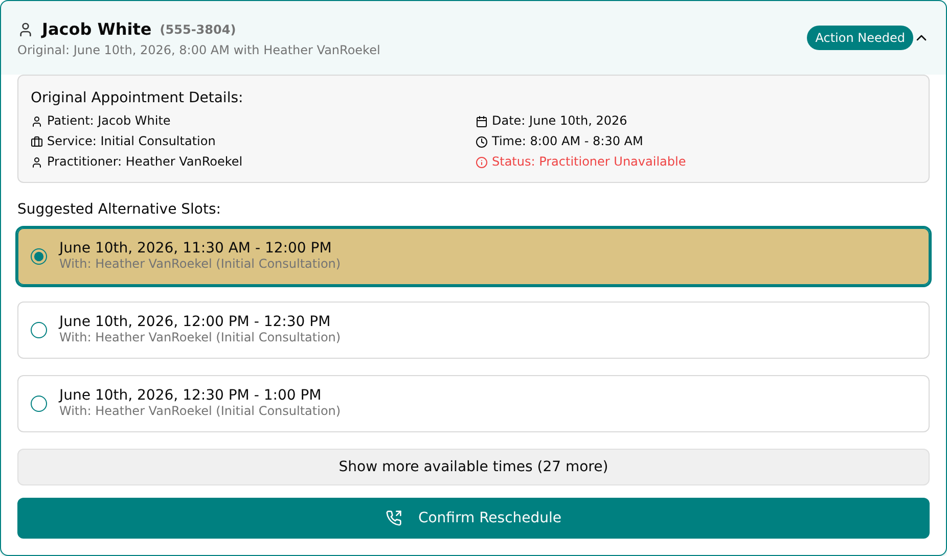 A highlighted suggested slot with the Confirm Reschedule button