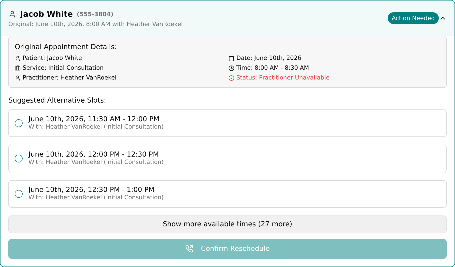 Expanded patient row showing Original Appointment Details box