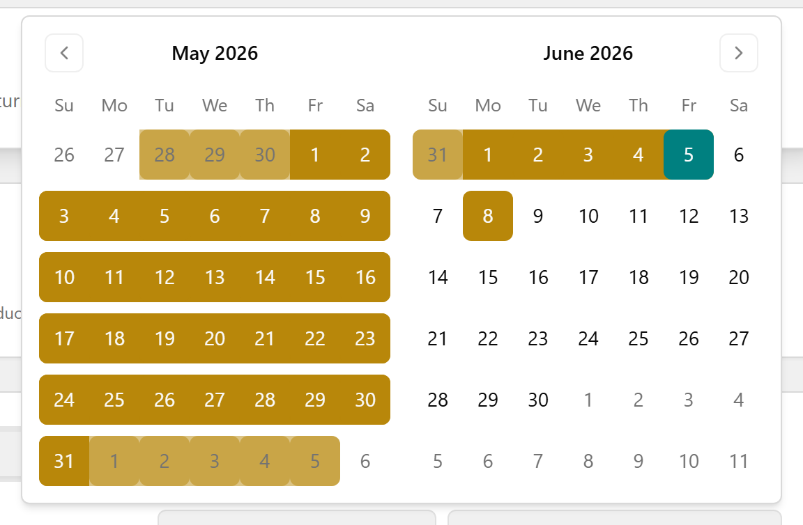 The two-month calendar pop-up with a date range selected, and the summary cards reflecting the new period.
