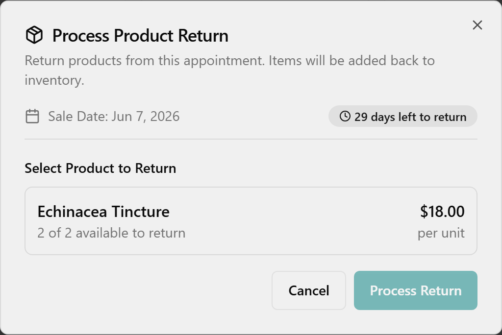 The Process Product Return dialog just after it opens, showing the Select Product to Return list.