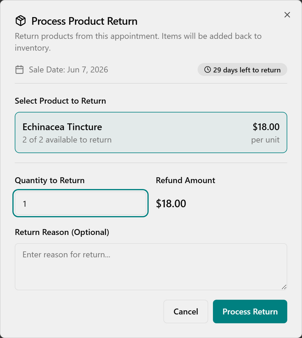 The dialog with a product selected, a quantity entered, the Refund Amount filled in, and the Refund to card checkbox.