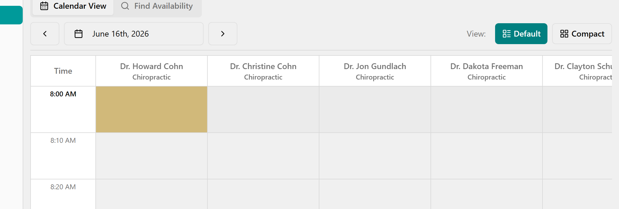 An empty white slot in a practitioner's column, showing its hover highlight.
