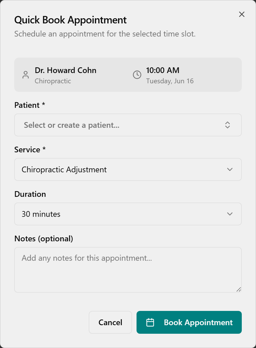 The Quick Book Appointment dialog right after it opens.