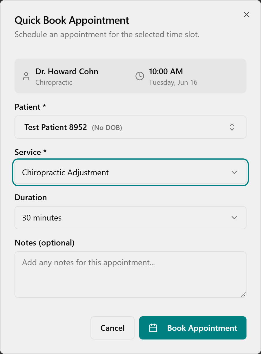The filled-in dialog with the Book Appointment button.